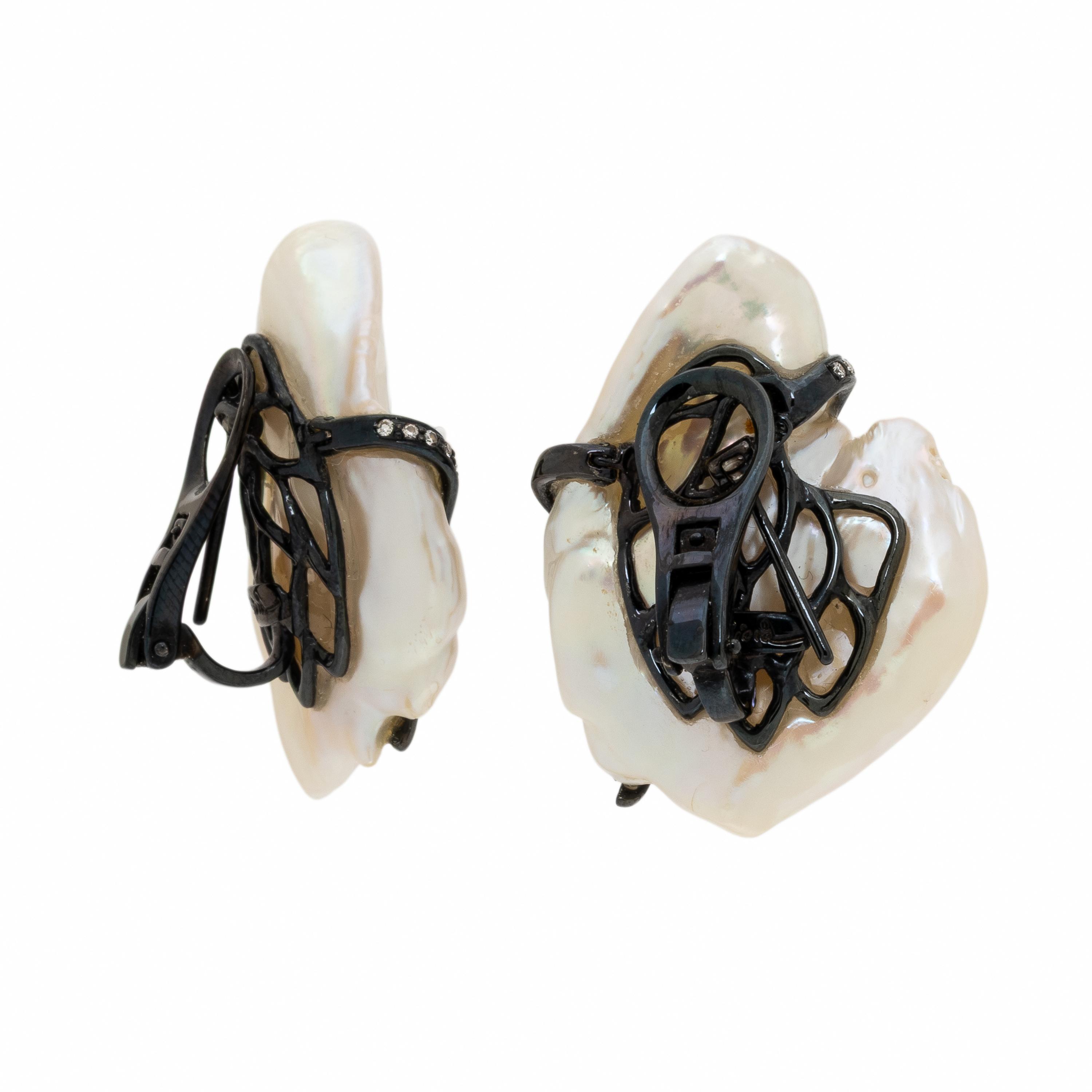 Gioia, Baroque Cultured Pearl, Diamond, and Blackened Gold Earrings