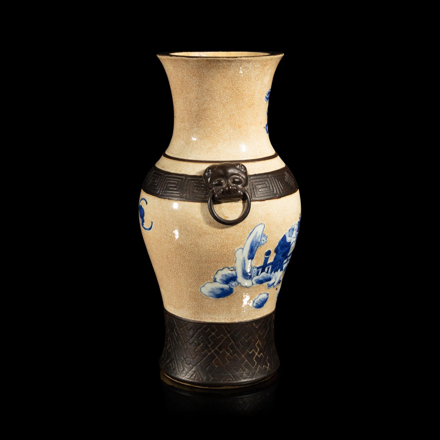 A Chinese Iron Decorated Crackled Glazed Ground Blue and White on Porcelain Vase, Late 19th-Early 20th Century — 晚清-民國 青花仿古雙耳瓶