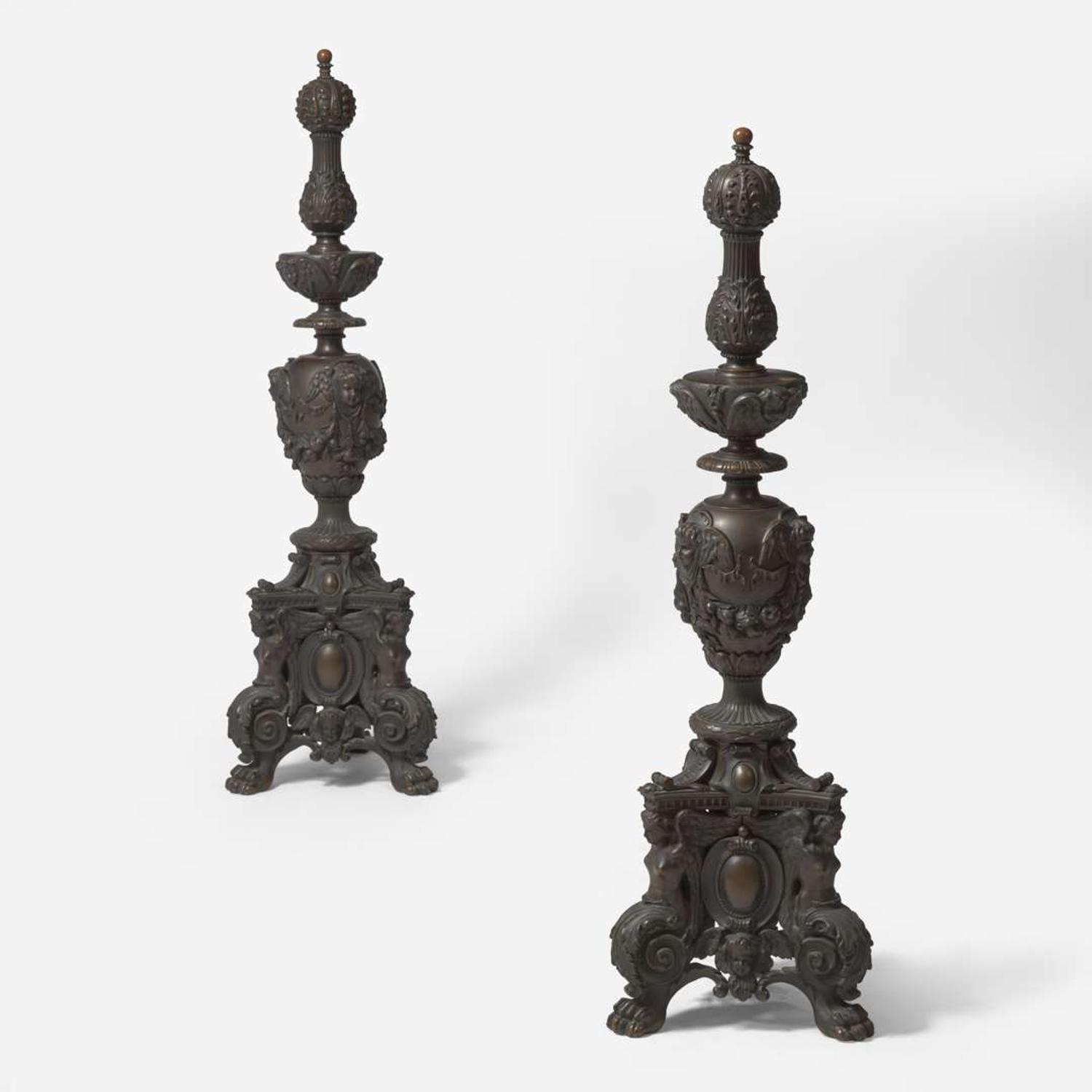 A pair of Renaissance Revival patinated bronze andirons 19th century
