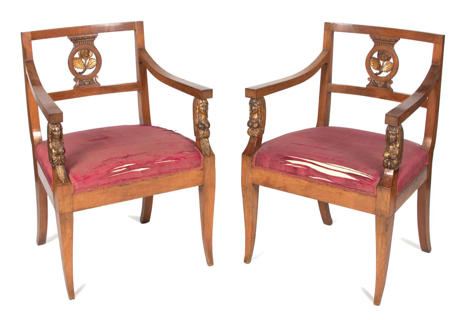 A Pair of Empire Style Parcel Gilt Fauteuils Height 34 1/2 inches.