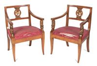 A Pair of Empire Style Parcel Gilt Fauteuils Height 34 1/2 inches.