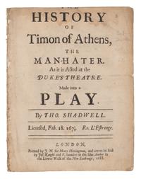 [SHAKESPEARE, William (1564-1616)]. -- SHADWELL, Thomas (1642-1692). The History of Timon of Athens, the Man-Hater. As it is acted at the Duke’s Theatre . London: printed by J[ohn]. M[acock]. for Henry Herringman, 1688.