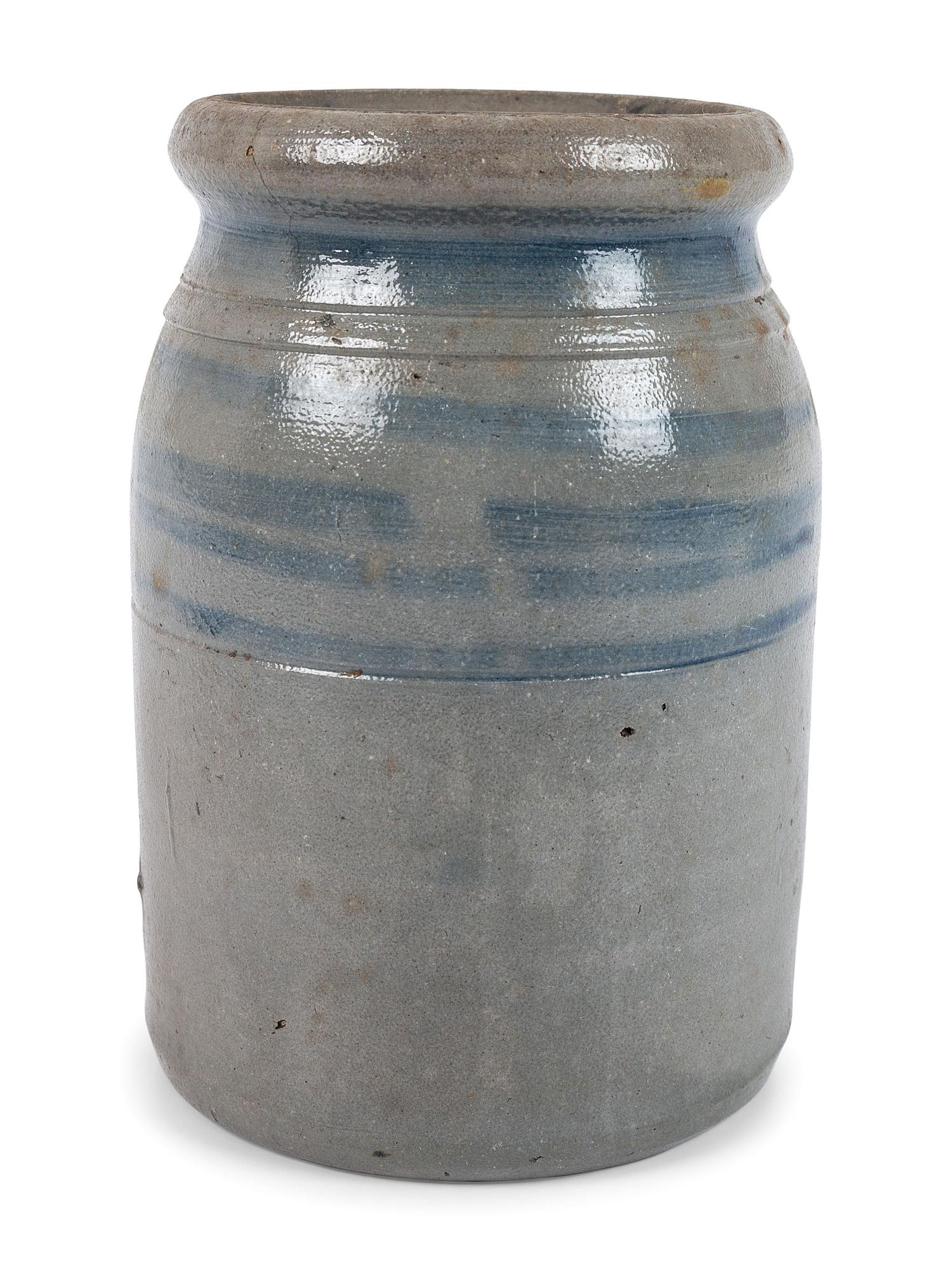 Three Western Pennsylvania Cobalt-Striped Stoneware Canning Jars