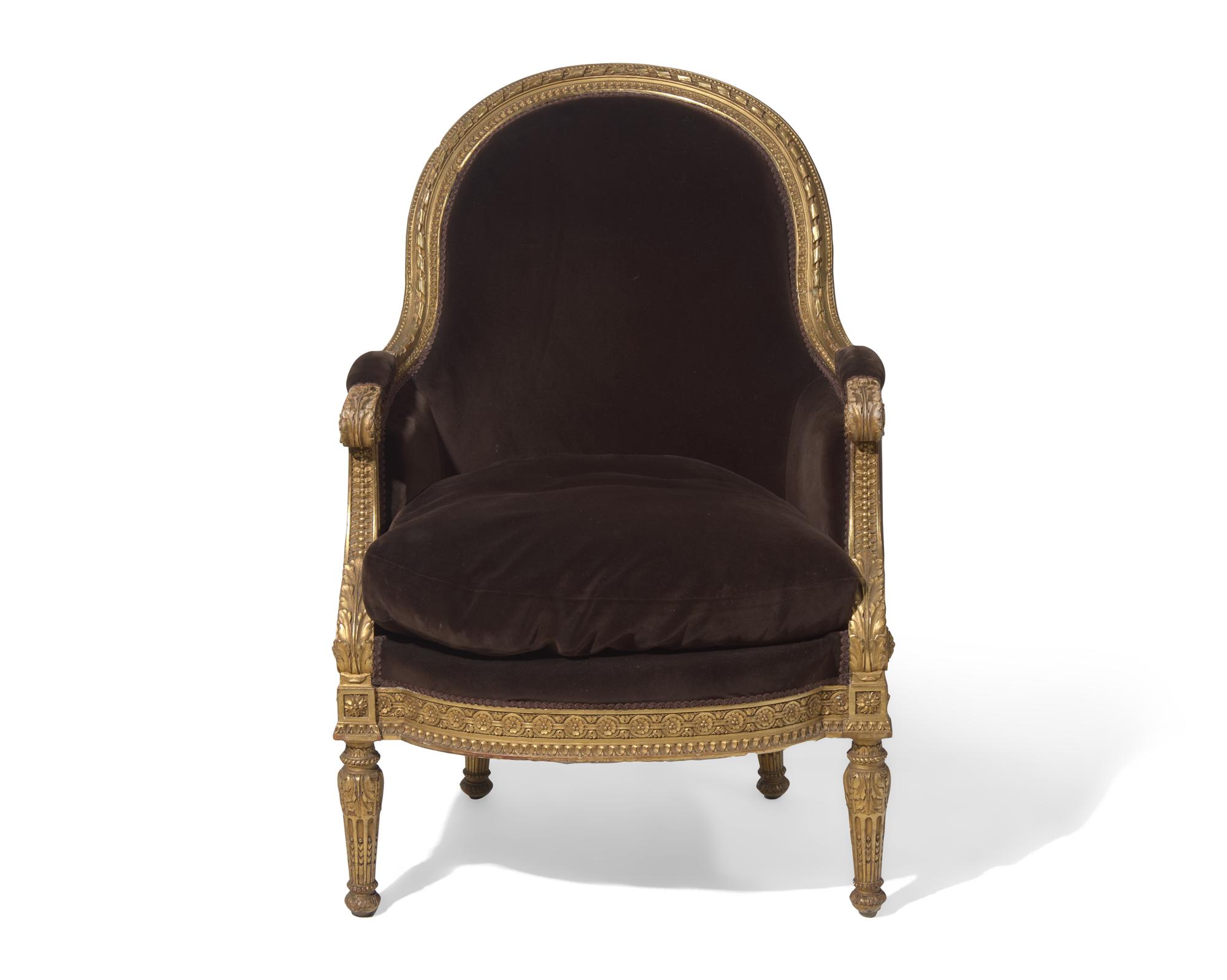 A Louis XVI style giltwood bergère, probably 19th century