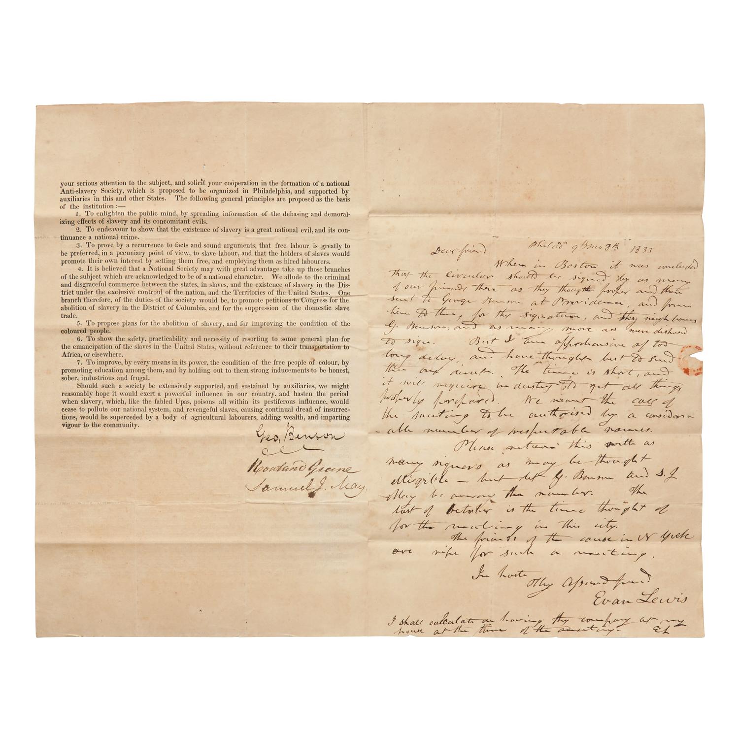 [African-Americana] May, Rev. Samuel J., and Evan Lewis, and George Benson, and Rowland Greene. Printed Circular Calling for the Formation of a National Anti-Slavery Society
