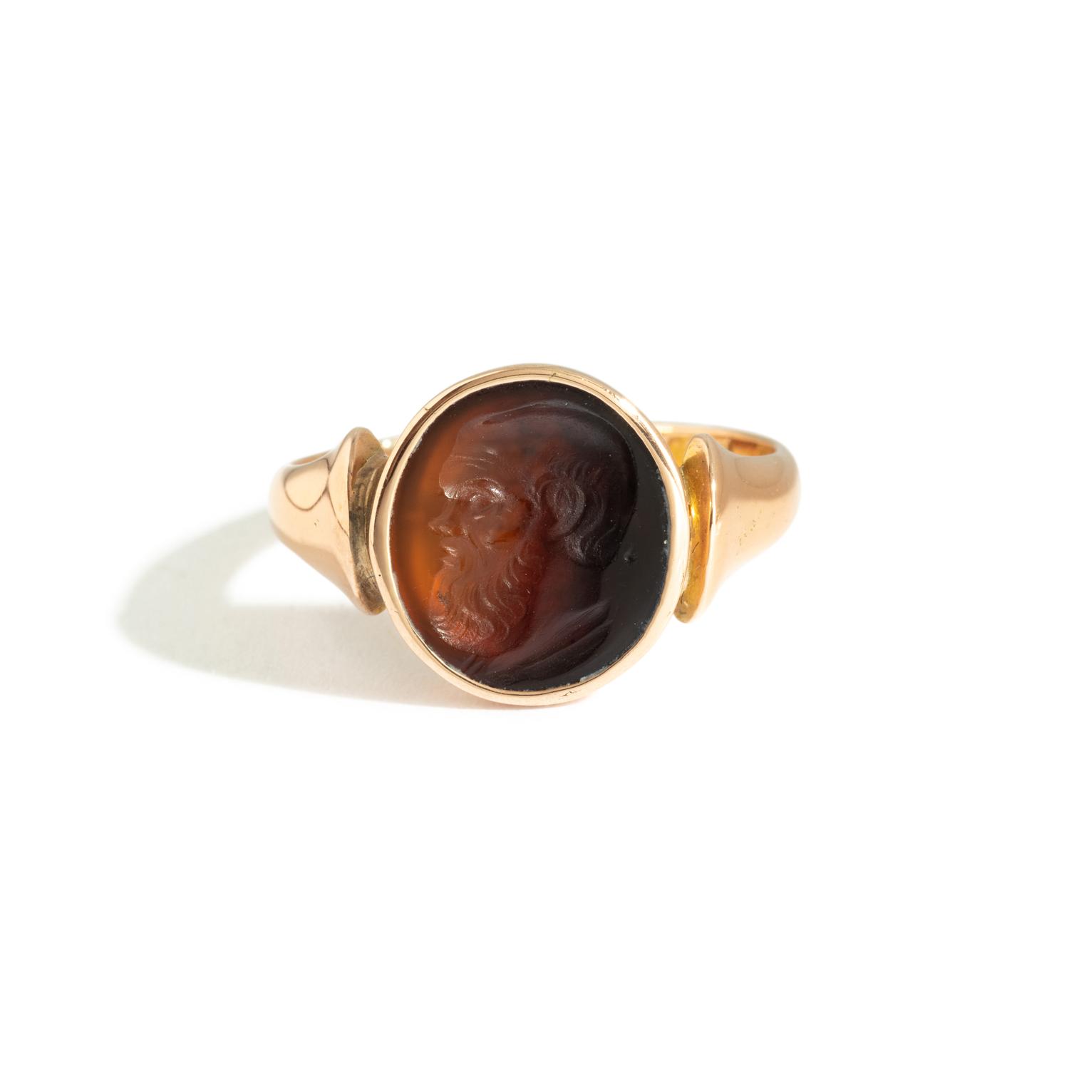 A Neoclassical Gold and Carnelian Finger Ring with a Satyr