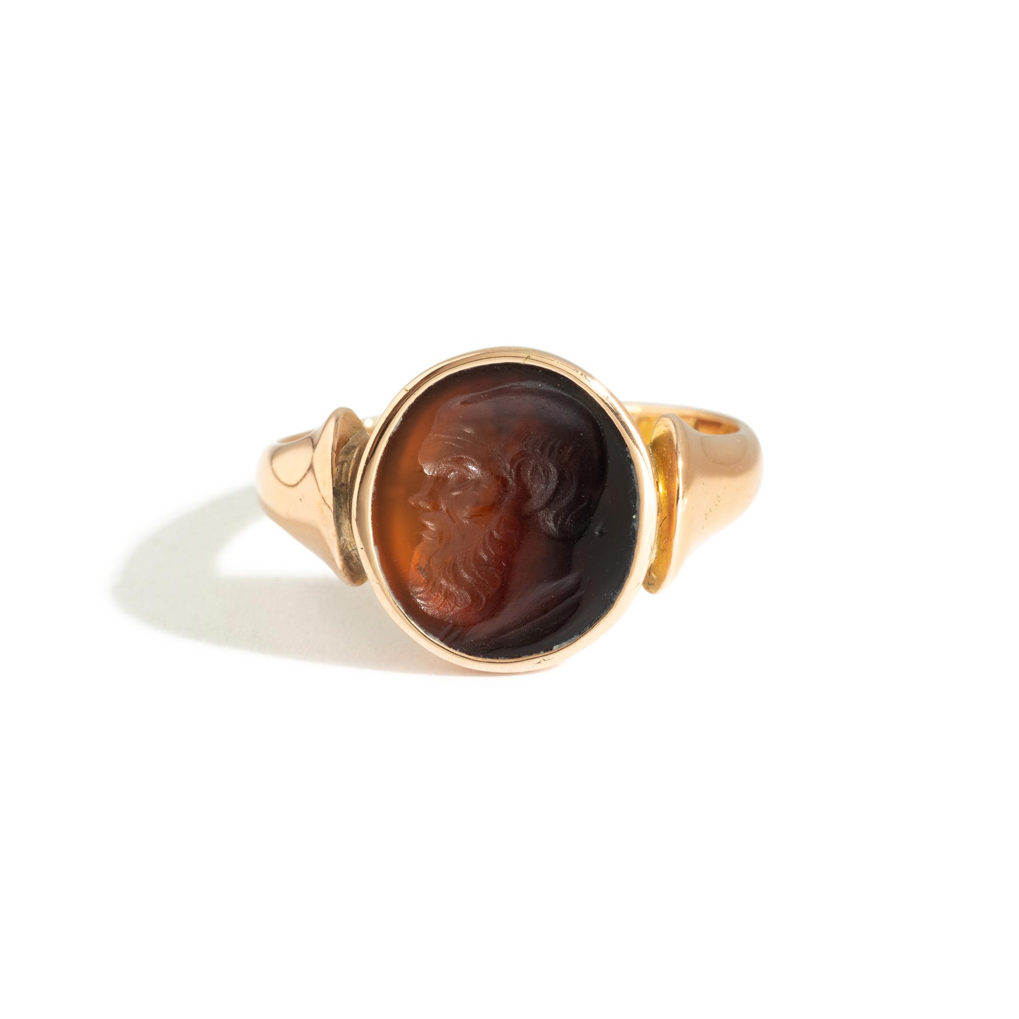 A Neoclassical Gold and Carnelian Finger Ring with a Satyr