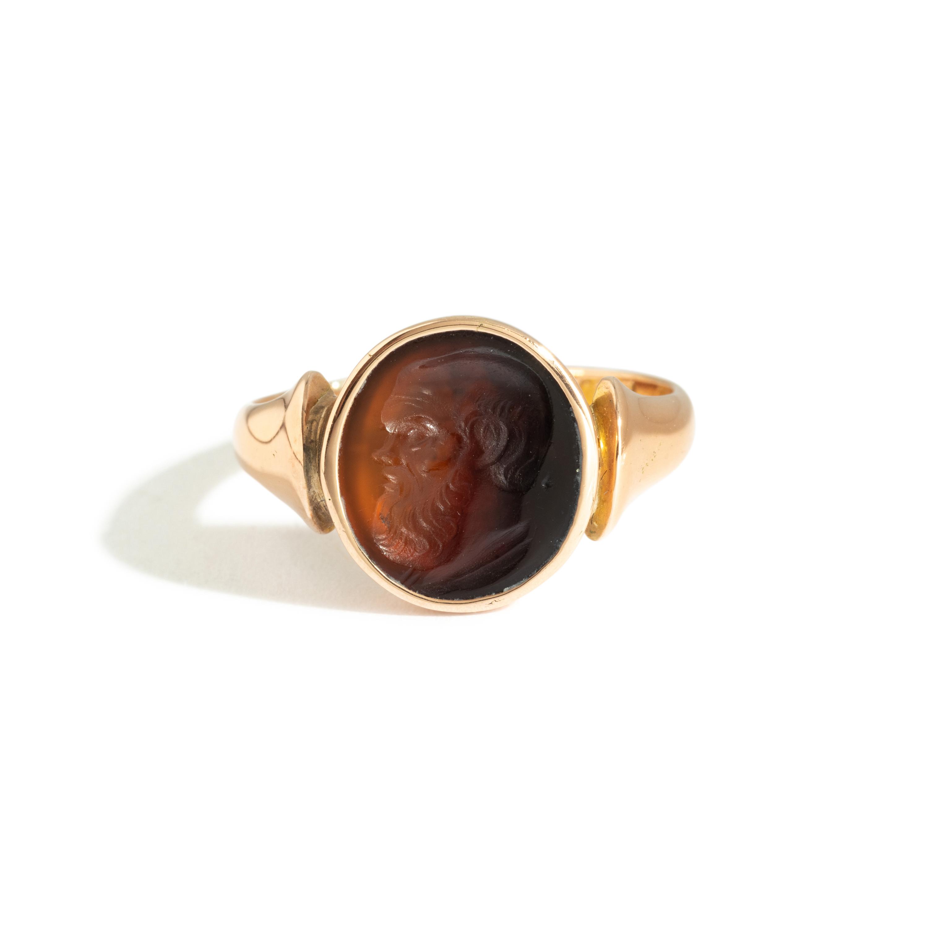 A Neoclassical Gold and Carnelian Finger Ring with a Satyr