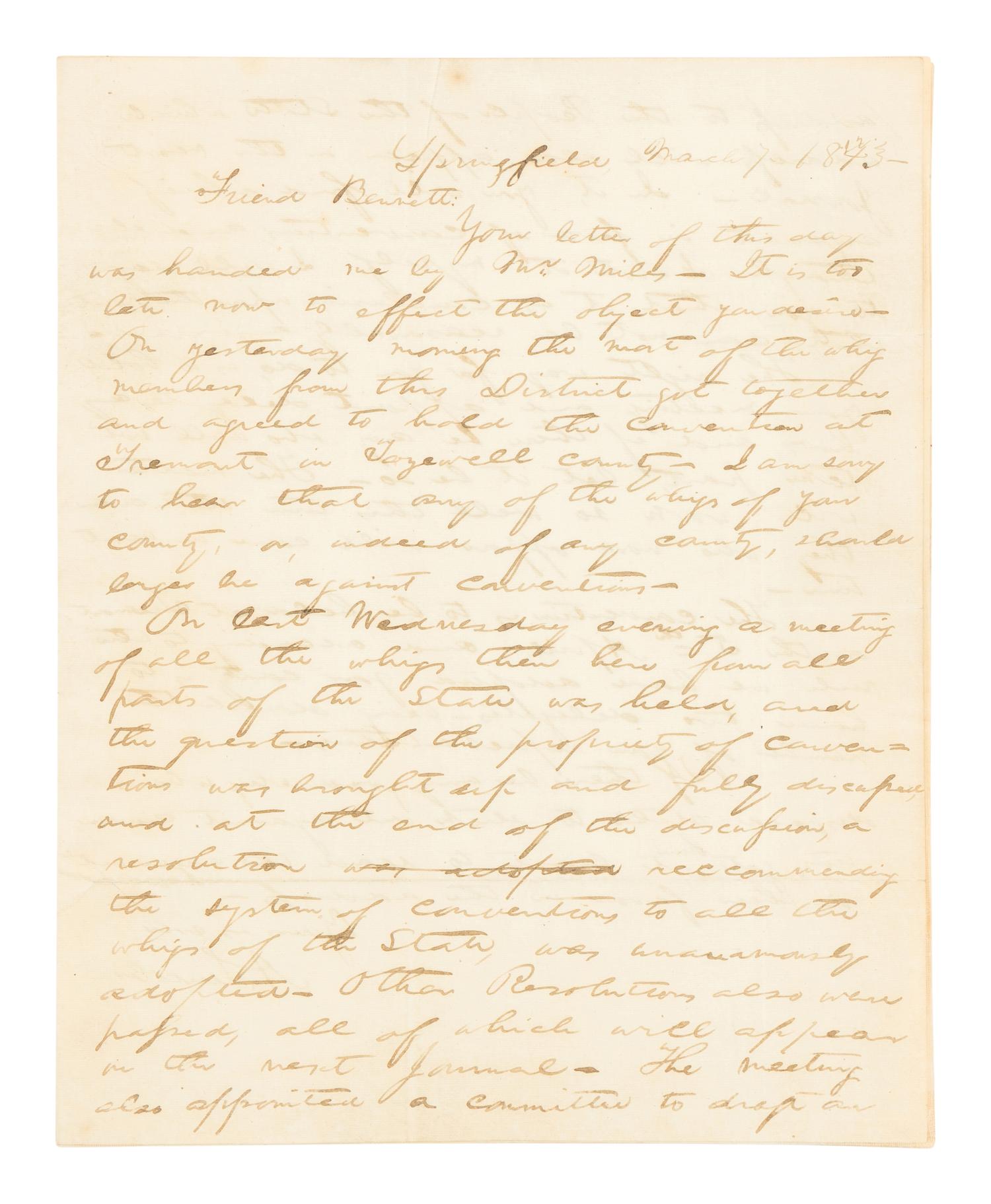 LINCOLN, Abraham (1809-1865). Autograph letter, signed ("A. Lincoln"), to John Bennett. Springfield, Illinois, 7 March 1843.