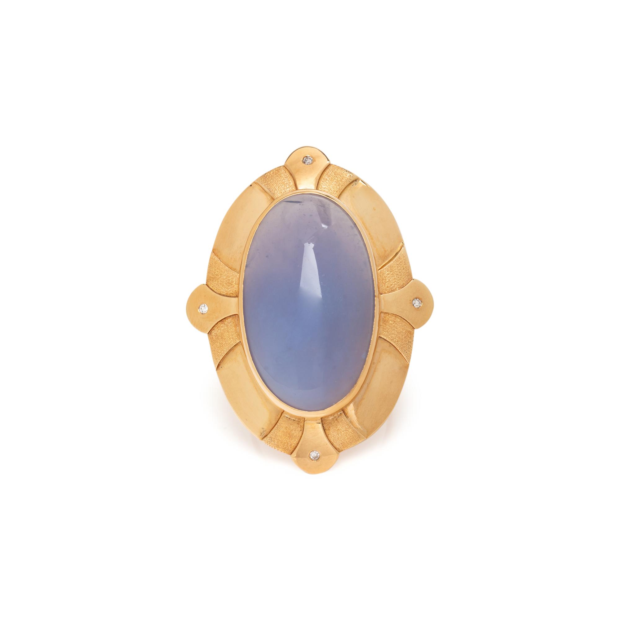 YELLOW GOLD, LAVENDER CHALCEDONY AND DIAMOND RING