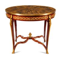 A Louis XV Style Gilt Bronze Mounted Parquetry Center Table with a Tiger's Eye Top