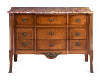 A Louis XV/XVI Transitional Style Walnut Marble-Top Commode