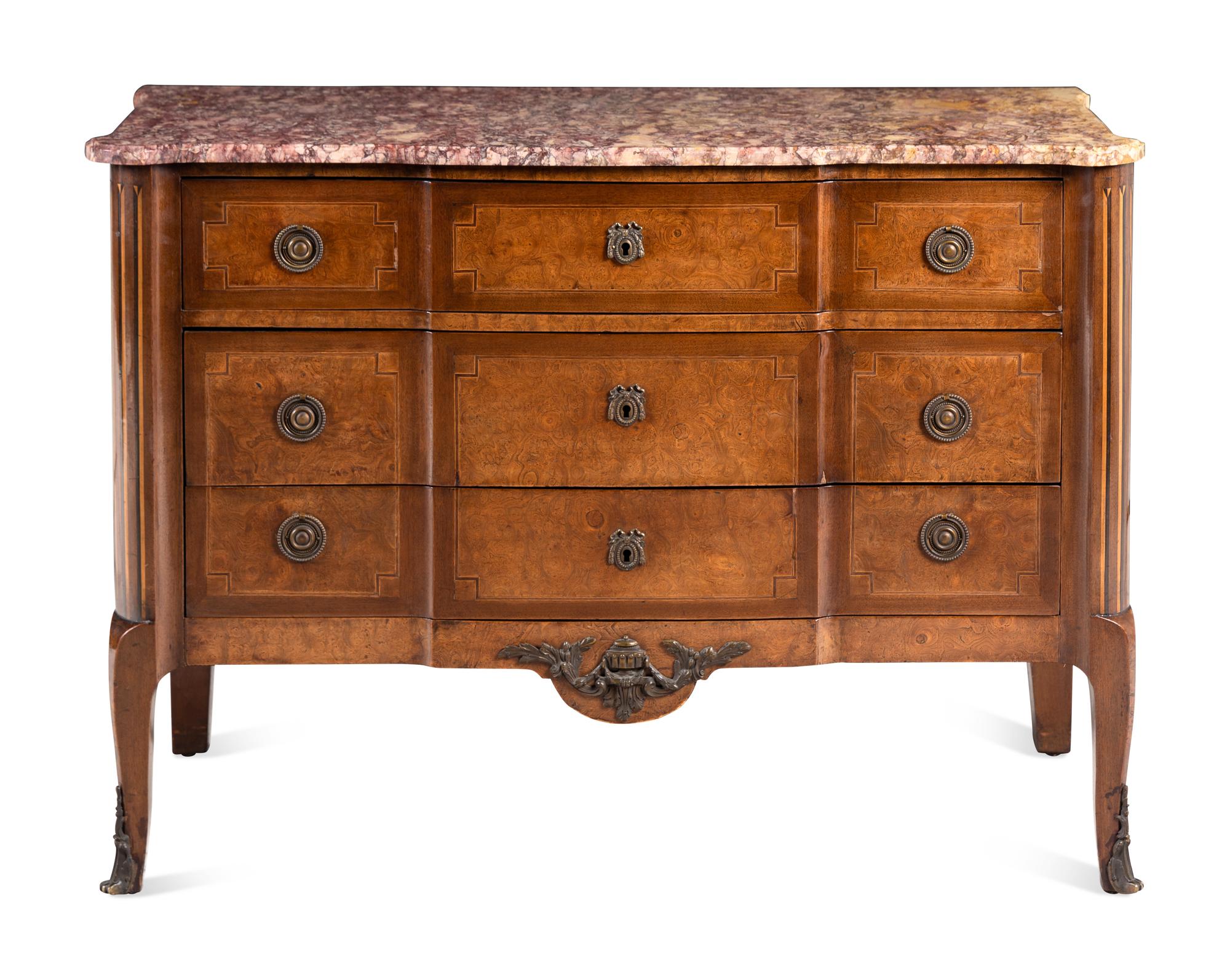 A Louis XV/XVI Transitional Style Walnut Marble-Top Commode