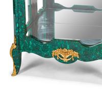 A Pair of Louis XVI Style Malachite Veneered and Gilt Bronze Mounted Vitrine Cabinets