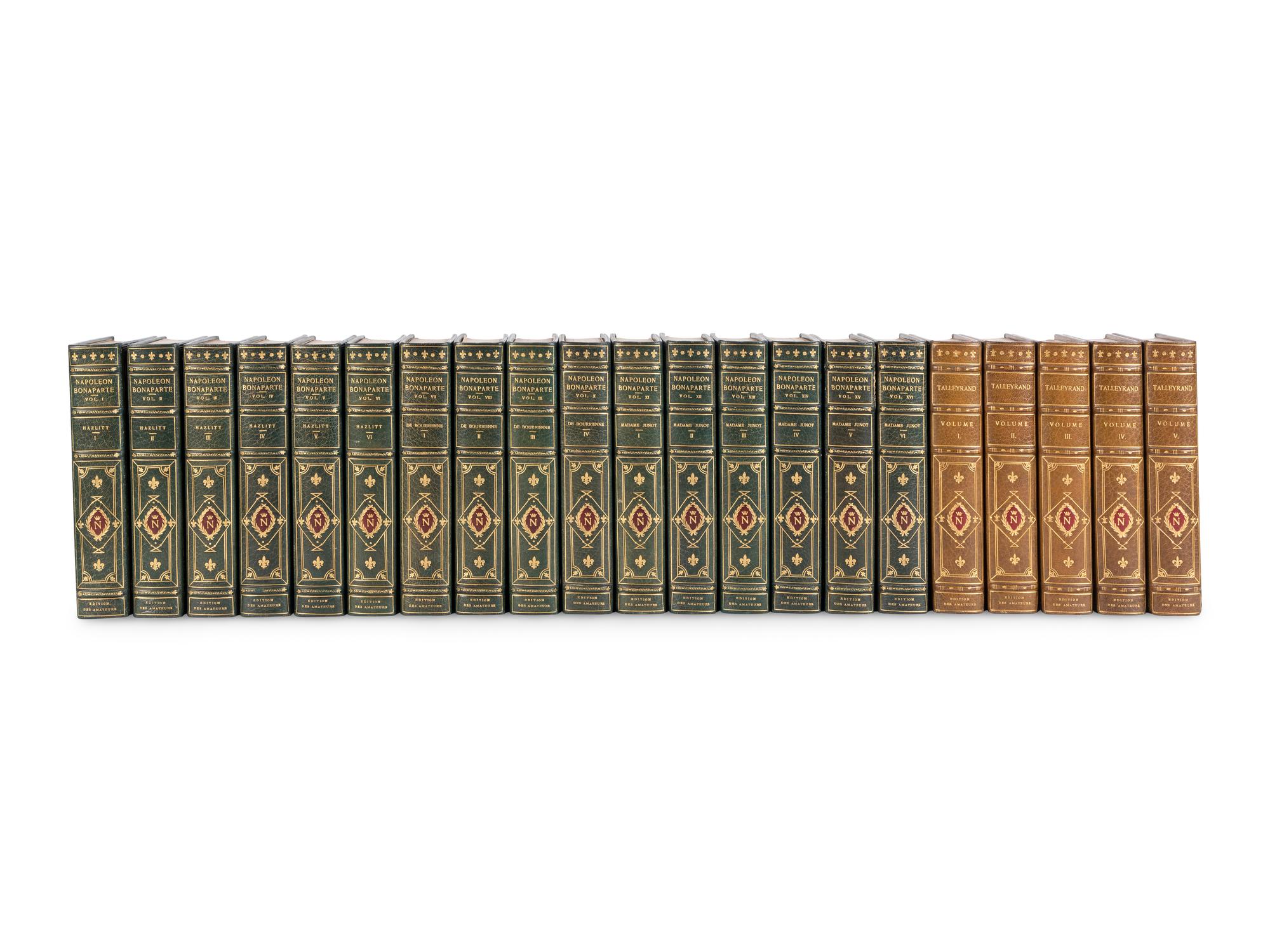 [BONAPARTE, Napoleon (1769-1821)]. [The Napoleon Series]. HAZLITT, William (1778-1830). Life of Napoleon Bonaparte . 6 volumes. -- BOURRIENNE, Louis Antoine Fauvelet de (1769-1834). Memoirs of Napoleon Bonaparte . 4 volumes. -- JUNOT, Laure, Duchesse D'Abrantes (1784-1838). Memoirs of Madame Junot . 6 volumes. -- TALLEYRAND, Charles-Maurice, prince de (1754-1838). Memoirs of the Prince de Talleyrand . 5 vols. London: The Grolier Society, [ca 1905].