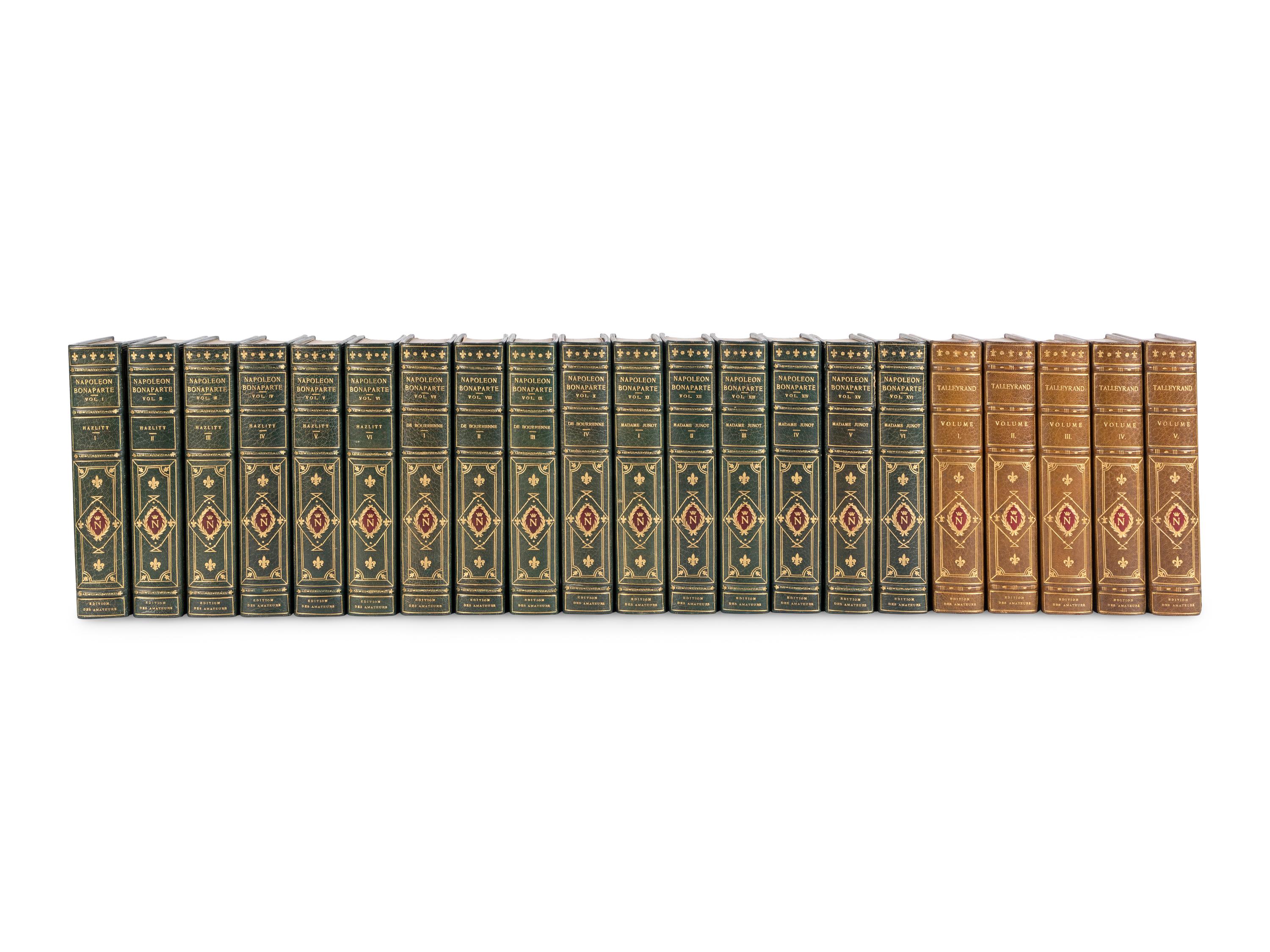 [BONAPARTE, Napoleon (1769-1821)]. [The Napoleon Series]. HAZLITT, William (1778-1830). Life of Napoleon Bonaparte . 6 volumes. -- BOURRIENNE, Louis Antoine Fauvelet de (1769-1834). Memoirs of Napoleon Bonaparte . 4 volumes. -- JUNOT, Laure, Duchesse D'Abrantes (1784-1838). Memoirs of Madame Junot . 6 volumes. -- TALLEYRAND, Charles-Maurice, prince de (1754-1838). Memoirs of the Prince de Talleyrand . 5 vols. London: The Grolier Society, [ca 1905].
