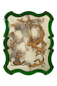 A Pair of Venetian Style Chinoiserie-Decorated Painted Glass Mirrors