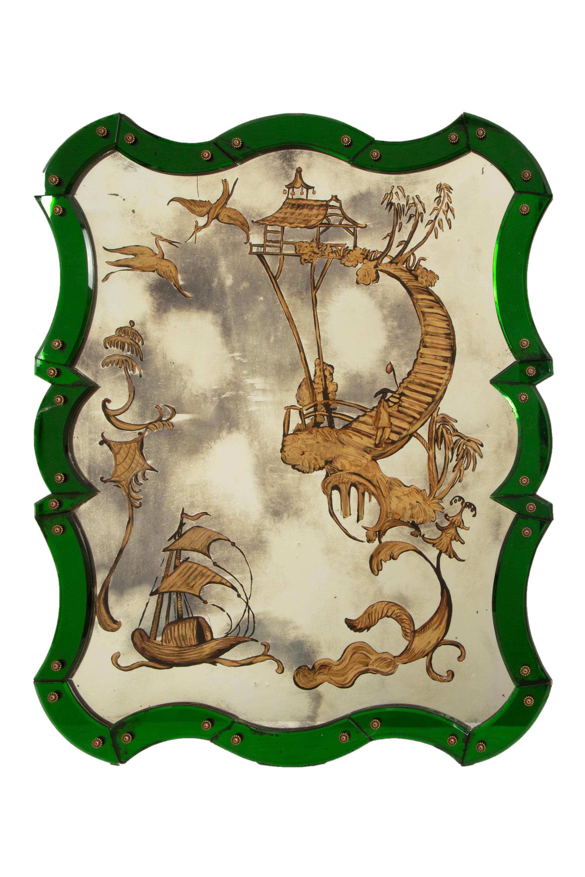 A Pair of Venetian Style Chinoiserie-Decorated Painted Glass Mirrors