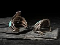 Pair of Large Navajo Silver and Turquoise Cuff Bracelets