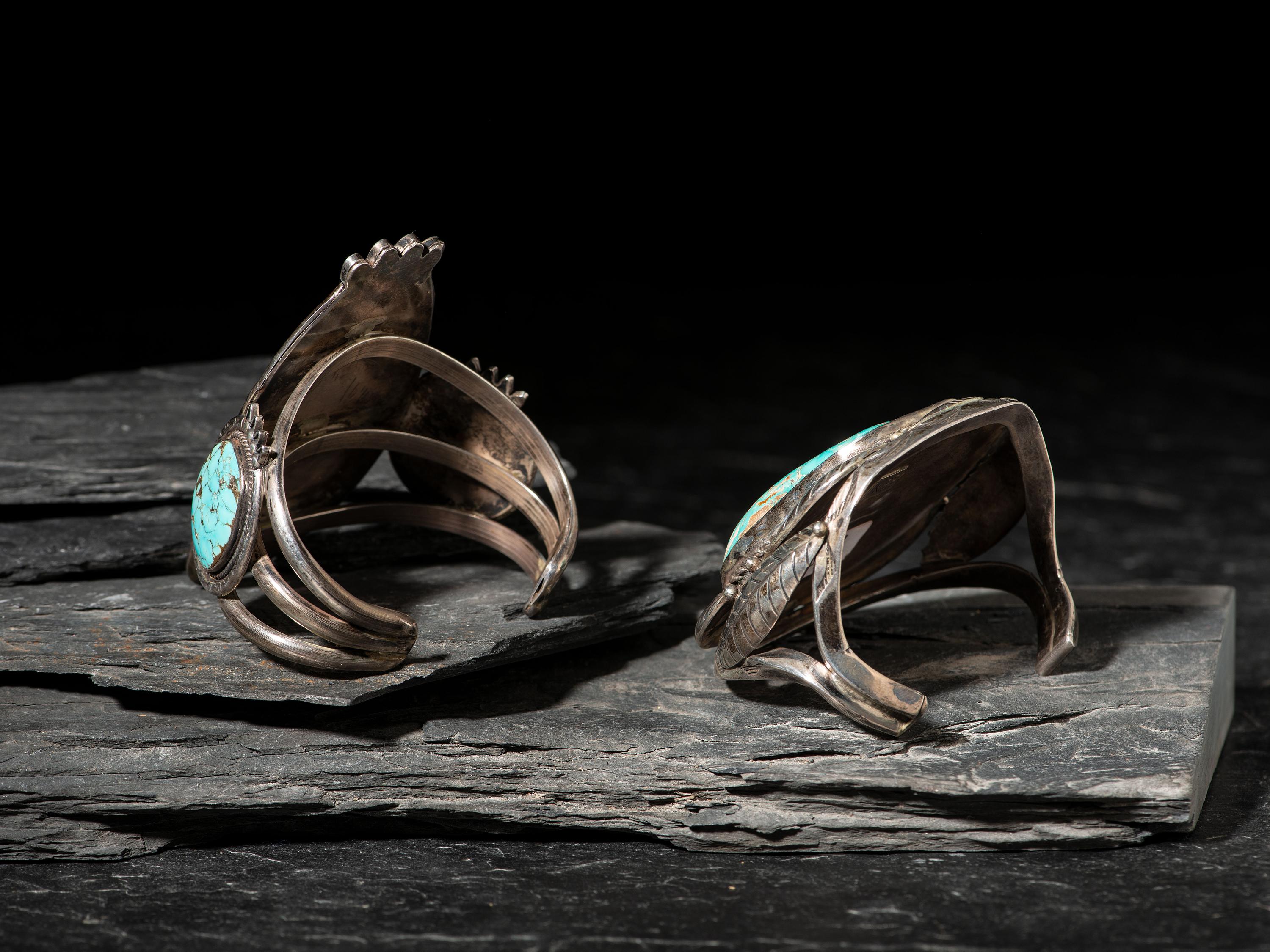 Pair of Large Navajo Silver and Turquoise Cuff Bracelets