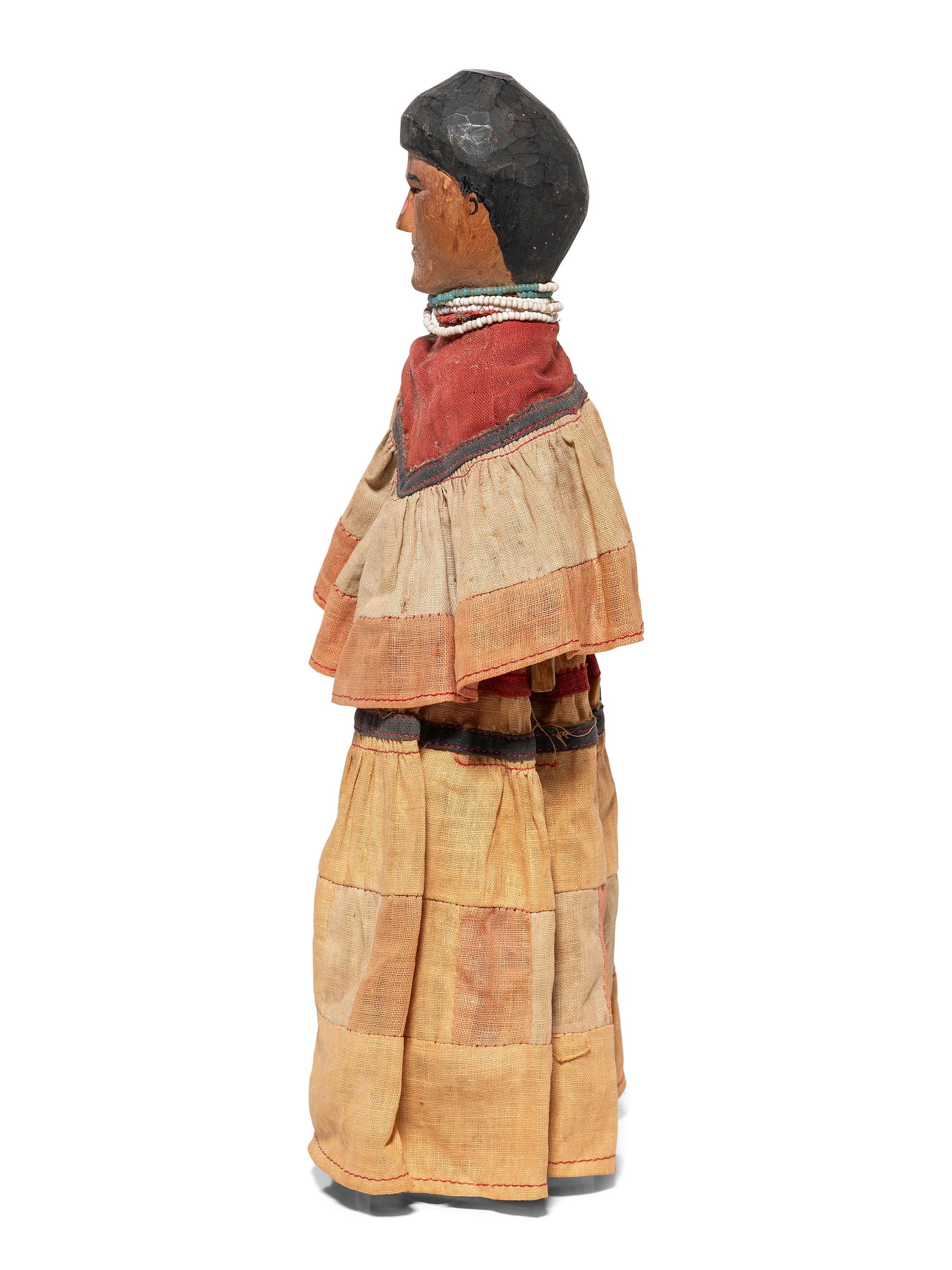 Seminole Carved and Painted Wood Doll, with Patchwork Dress