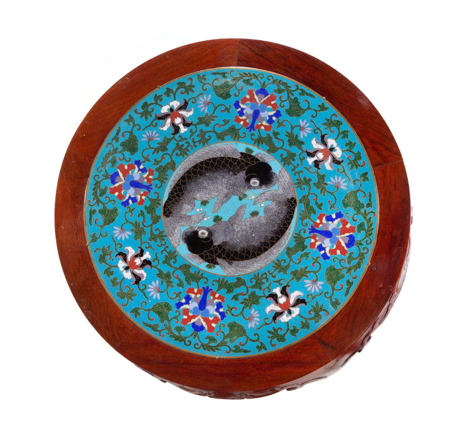 A Pair of Chinese Cloisonné Inset Hardwood Stools