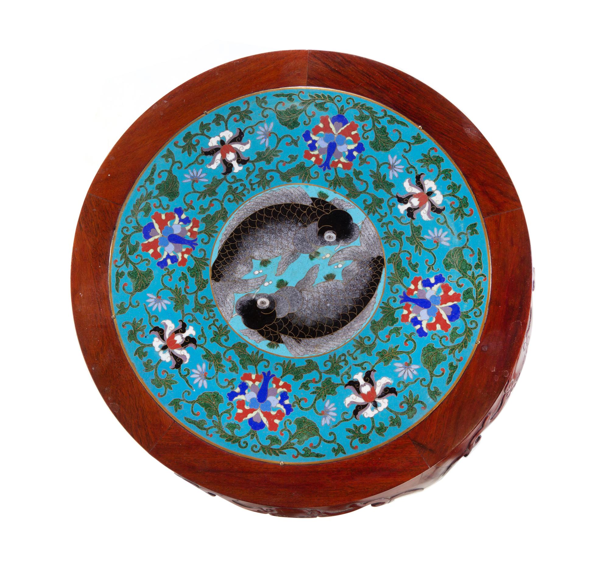 A Pair of Chinese Cloisonné Inset Hardwood Stools
