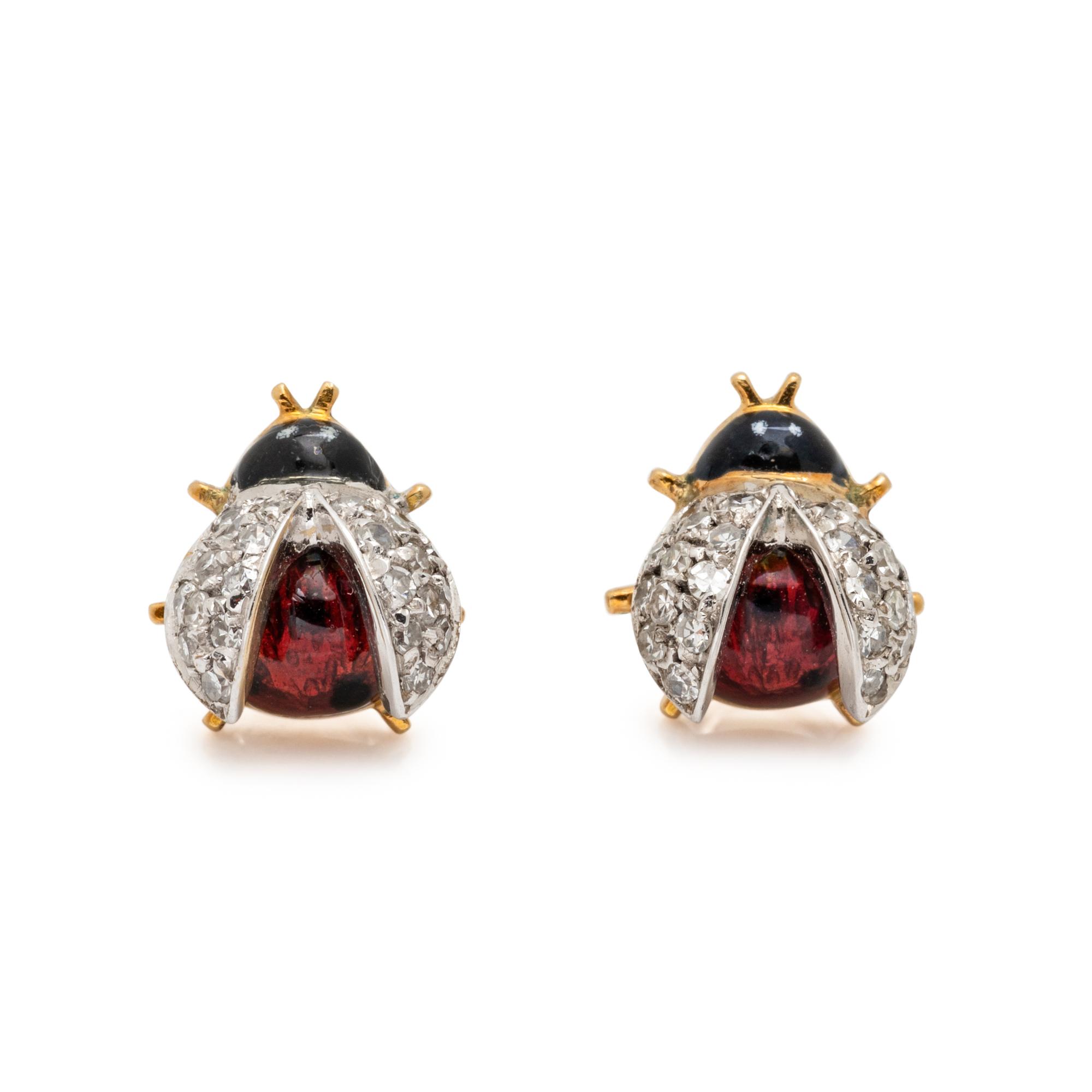 PAIR OF BICOLOR GOLD, DIAMOND AND ENAMEL 'LADYBUG' HAIR ORNAMENTS
