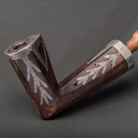 Monumental Ojibwe Calumet Pipe, with Fine Lead Inlay Burl Bowl