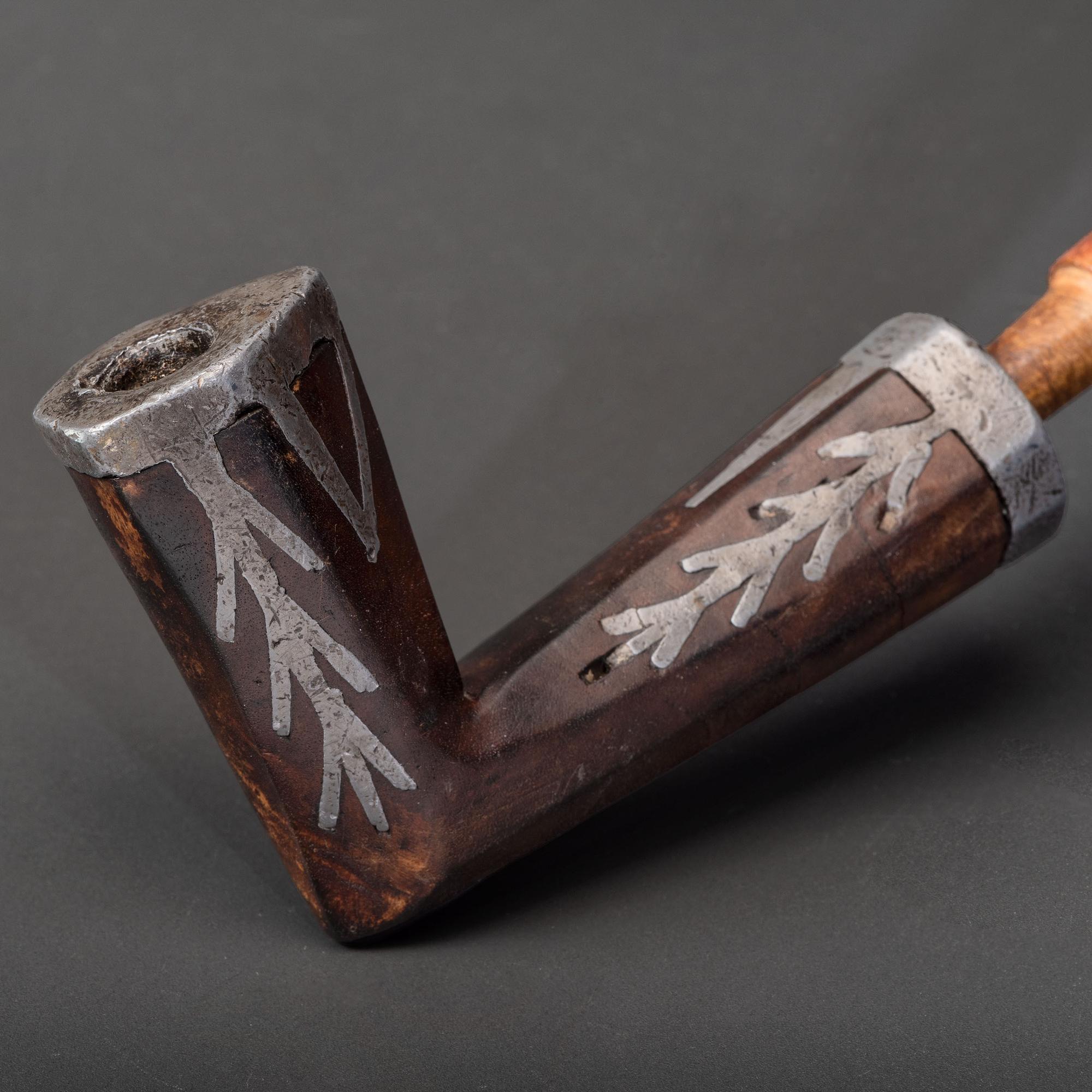 Monumental Ojibwe Calumet Pipe, with Fine Lead Inlay Burl Bowl
