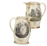 Enameled, gilded and transfer-printed creamware presentation pitcher early 19th century