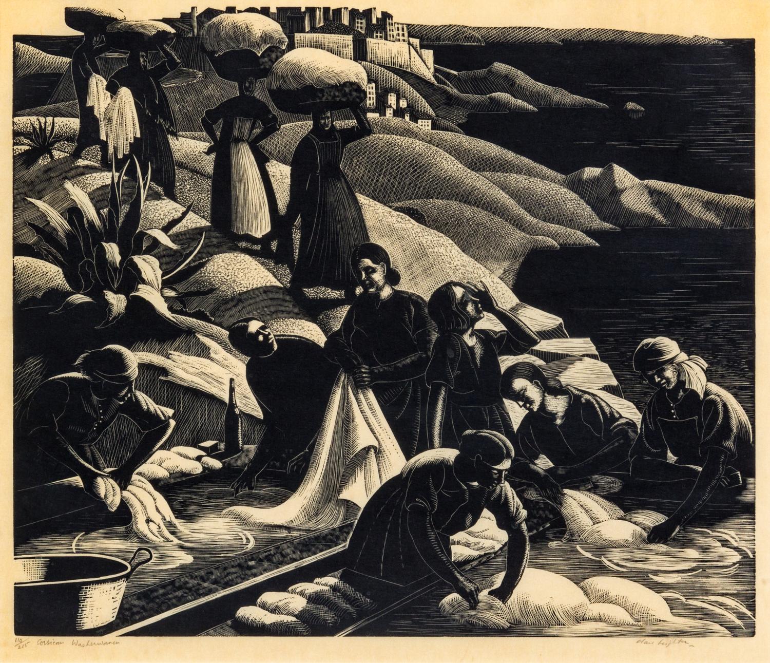 Clair Leighton, (British/American, 1898-1989), Corsican Washerwomen, 1936