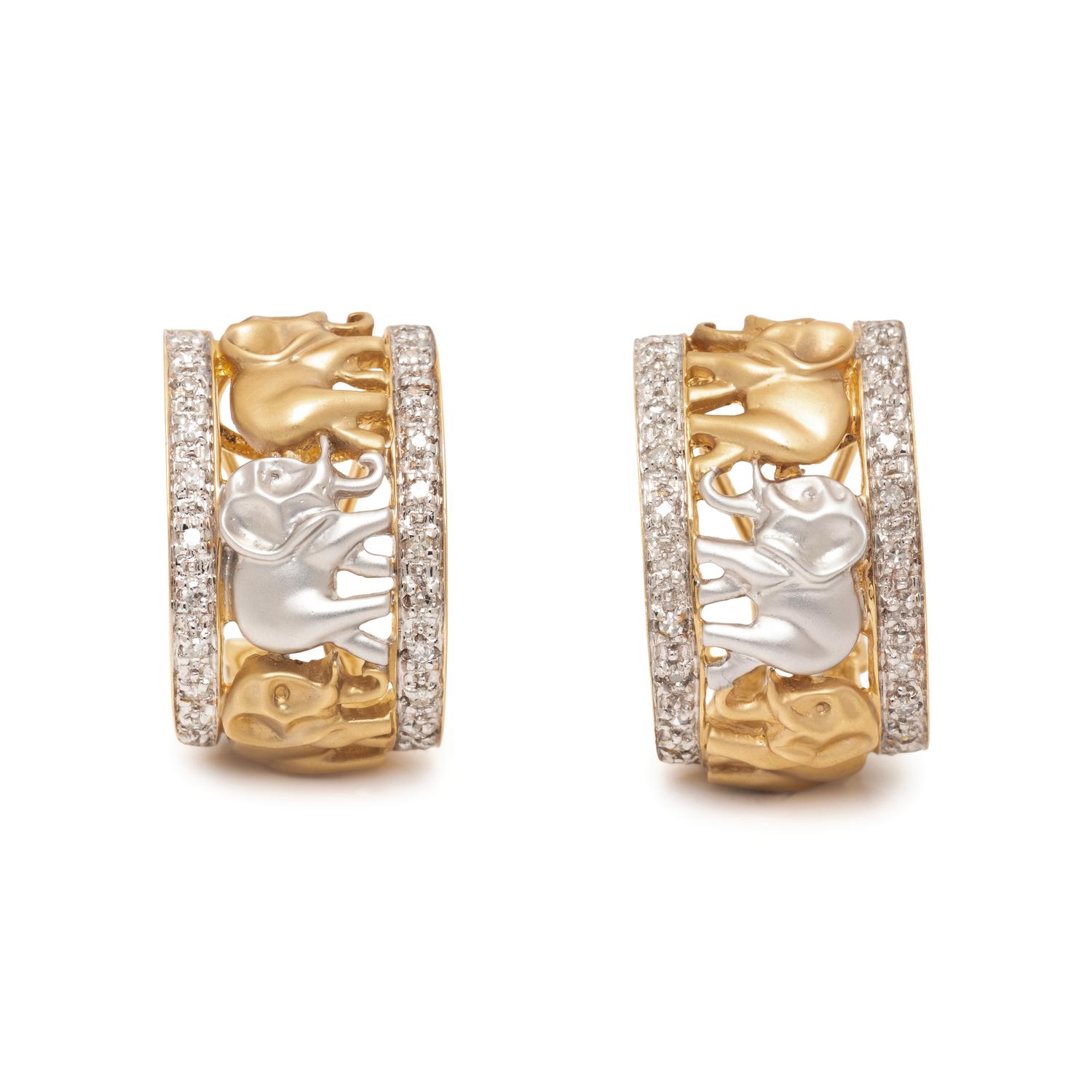 BICOLOR GOLD AND DIAMOND ELEPHANT HOOP EARRINGS
