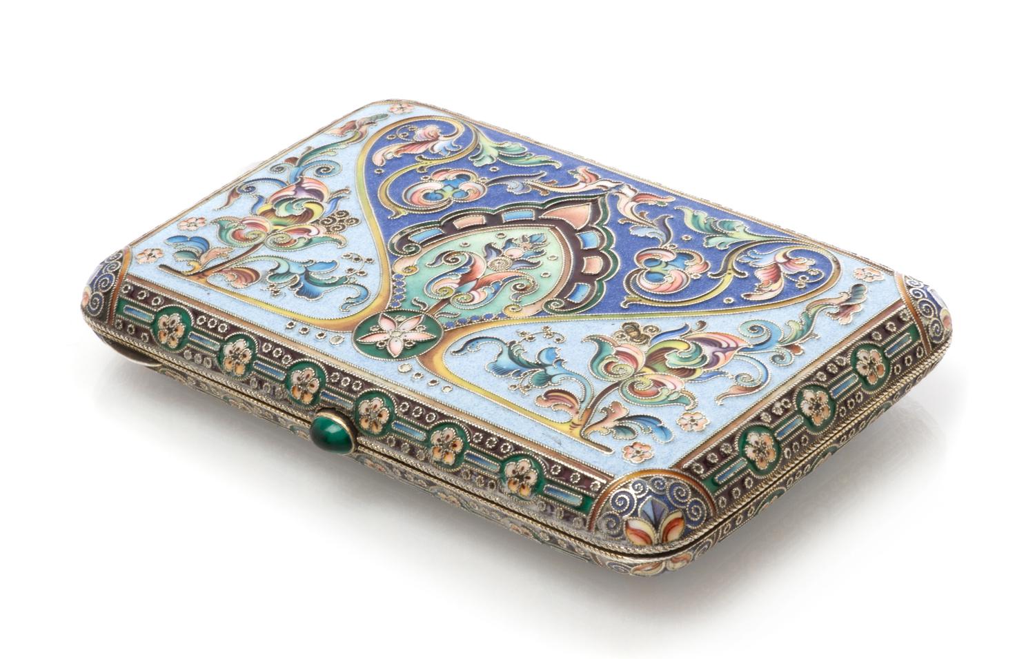 A Russian Enameled Silver Cigarette Case, Maker's mark Cyrillic IA, Moscow, early 20th century, the lid and underside decorated with fl