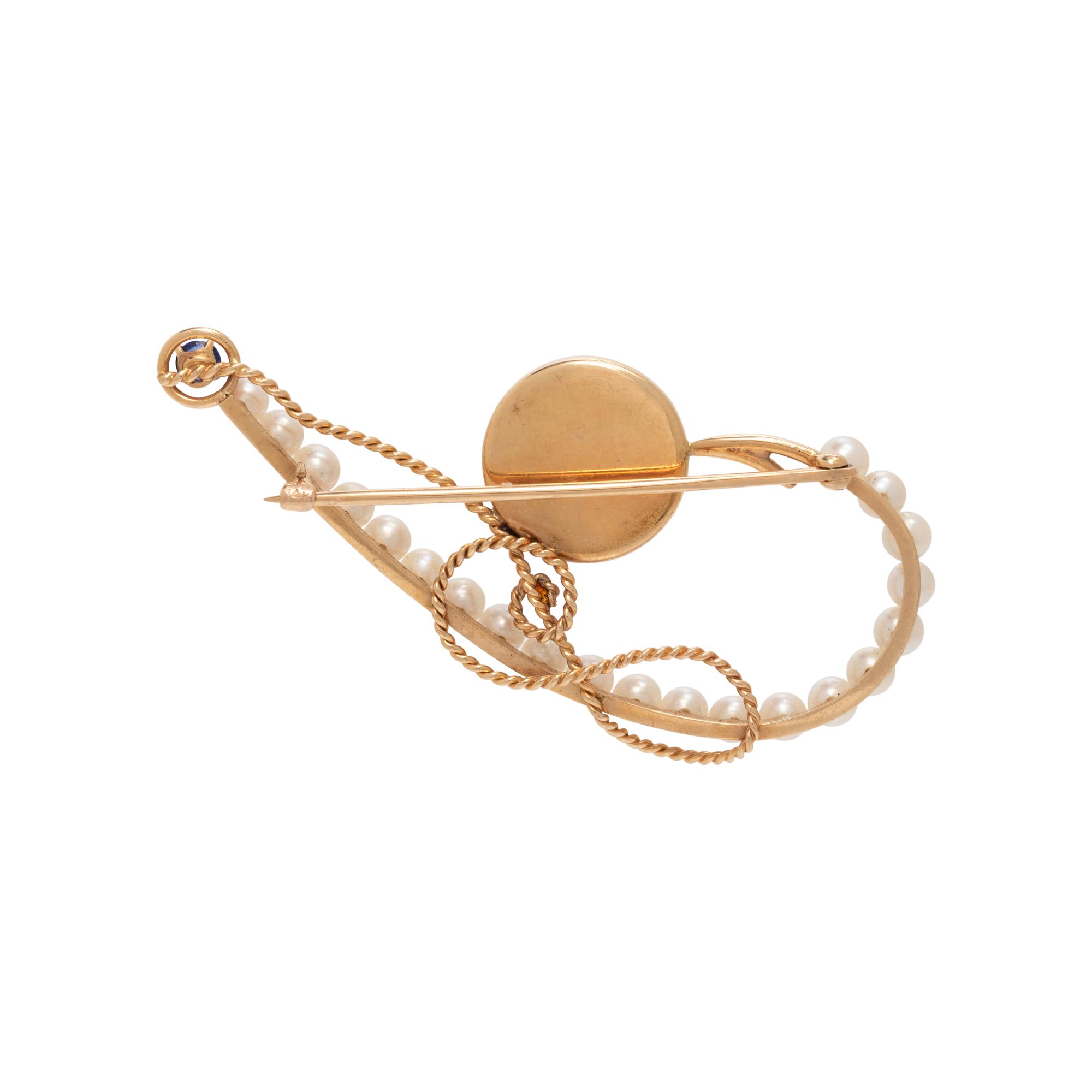 YELLOW GOLD, ESSEX CRYSTAL AND MULTIGEM FISH HOOK BROOCH
