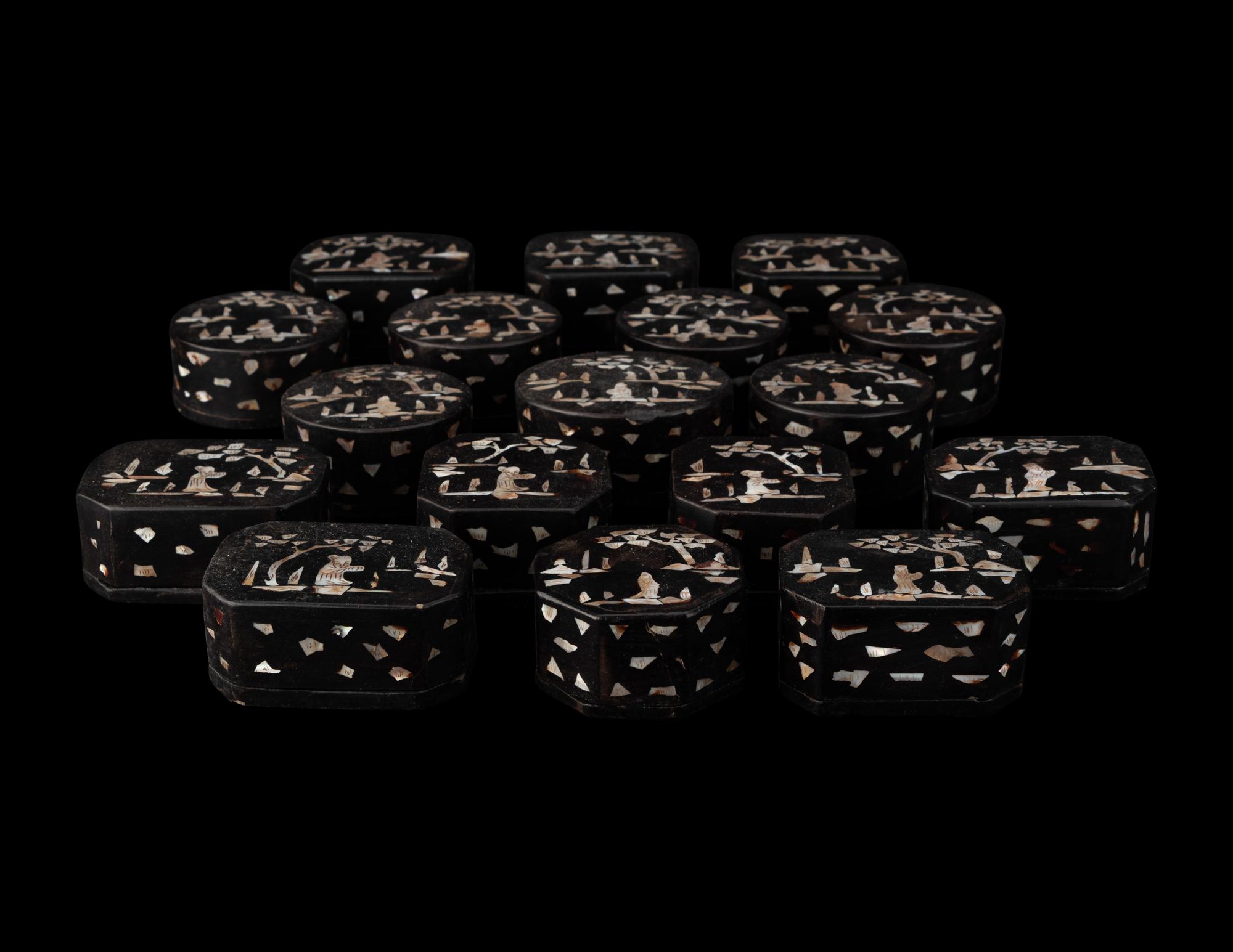 17 Chinese Mother-of-Pearl Inlaid Hardwood Boxes and Covers
