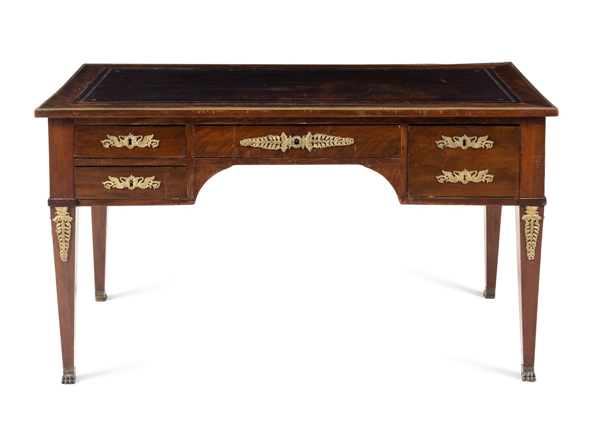 An Empire Style Gilt Metal Mounted Mahogany Bureau Plat and an Associated Armchair