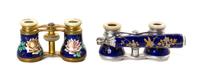 Two Pairs of Continental Enameled Opera Glasses, Width of first 4 inches.