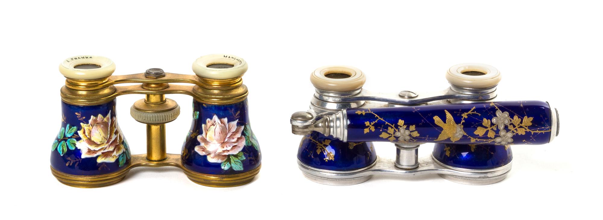 Two Pairs of Continental Enameled Opera Glasses, Width of first 4 inches.