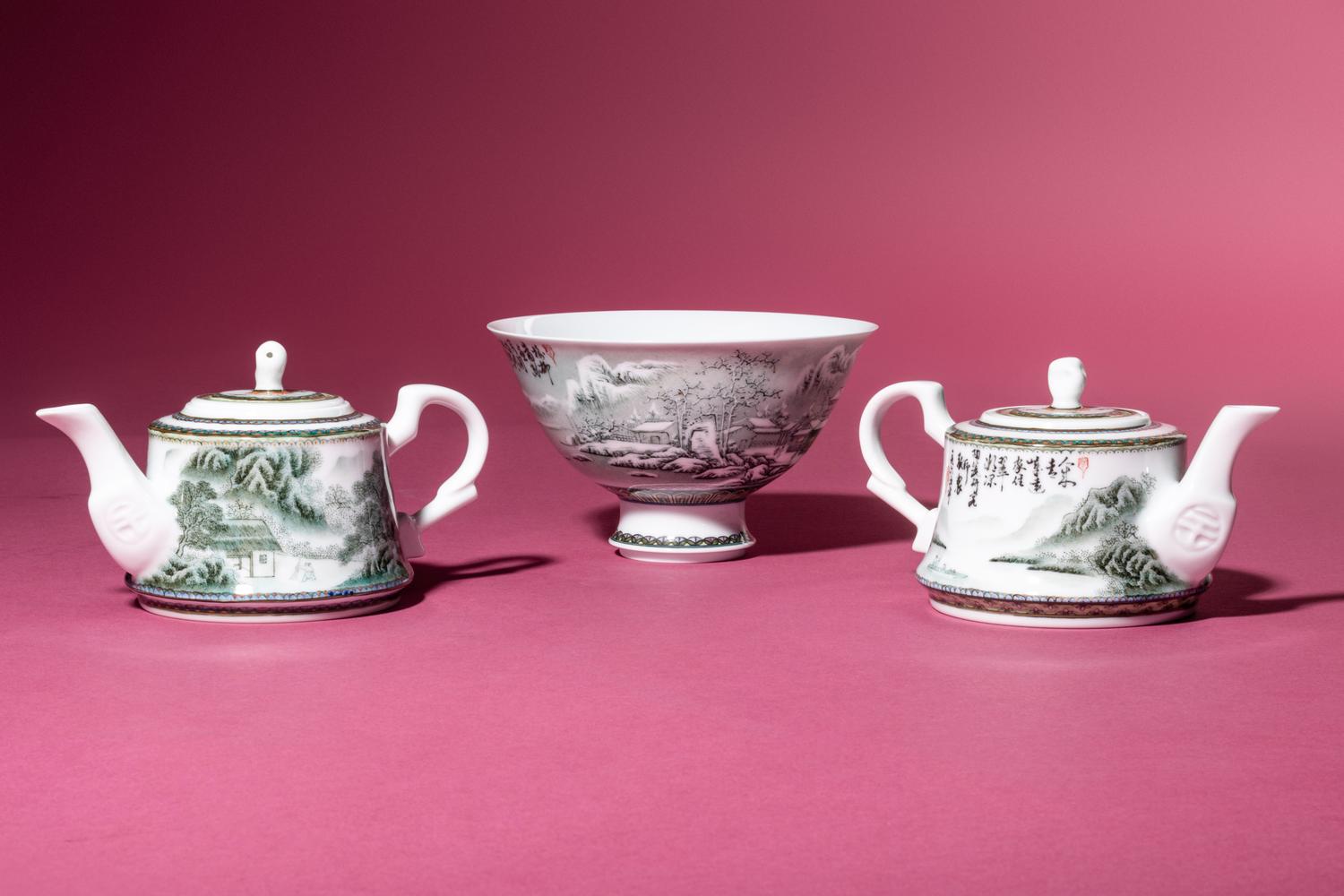 A Set of Seven Grisaille Decorated Porcelain Wares