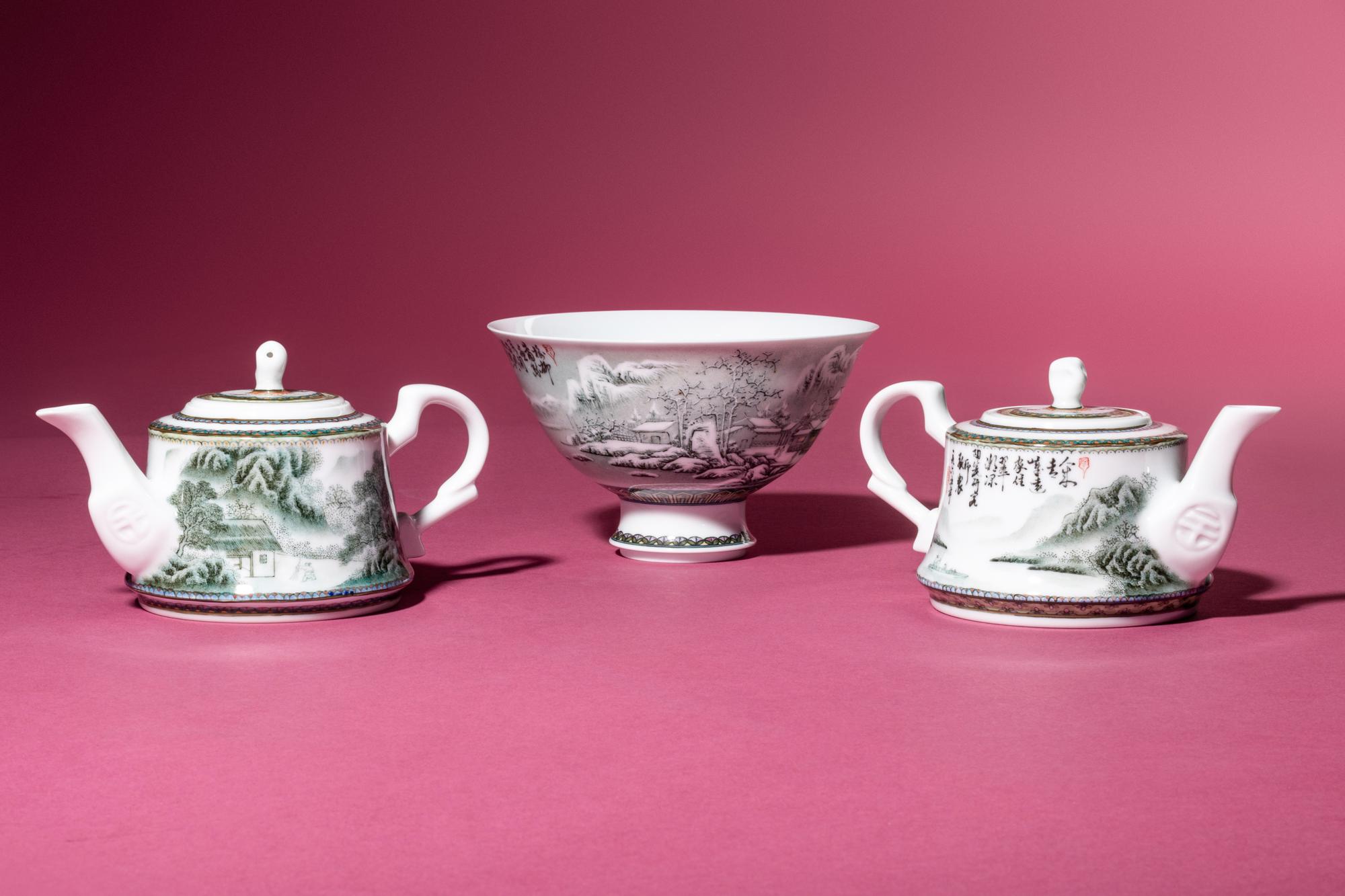 A Set of Seven Grisaille Decorated Porcelain Wares