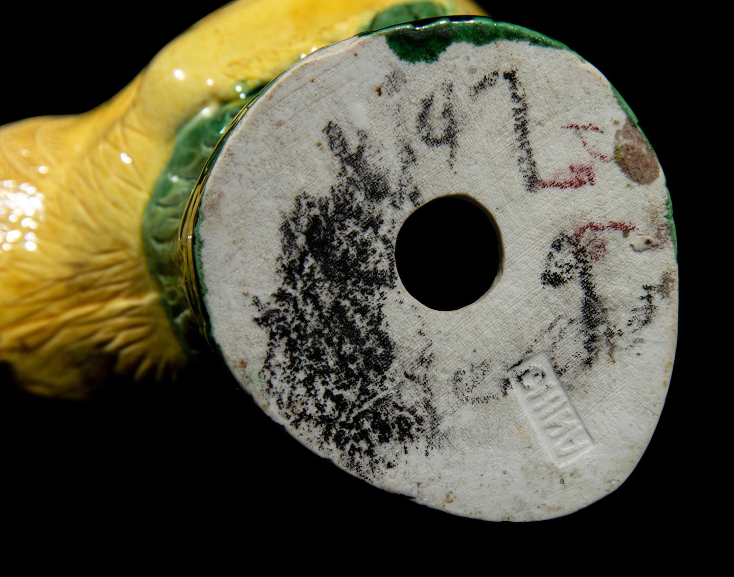 Three Chinese Yellow and Green Glazed Porcelain Birds