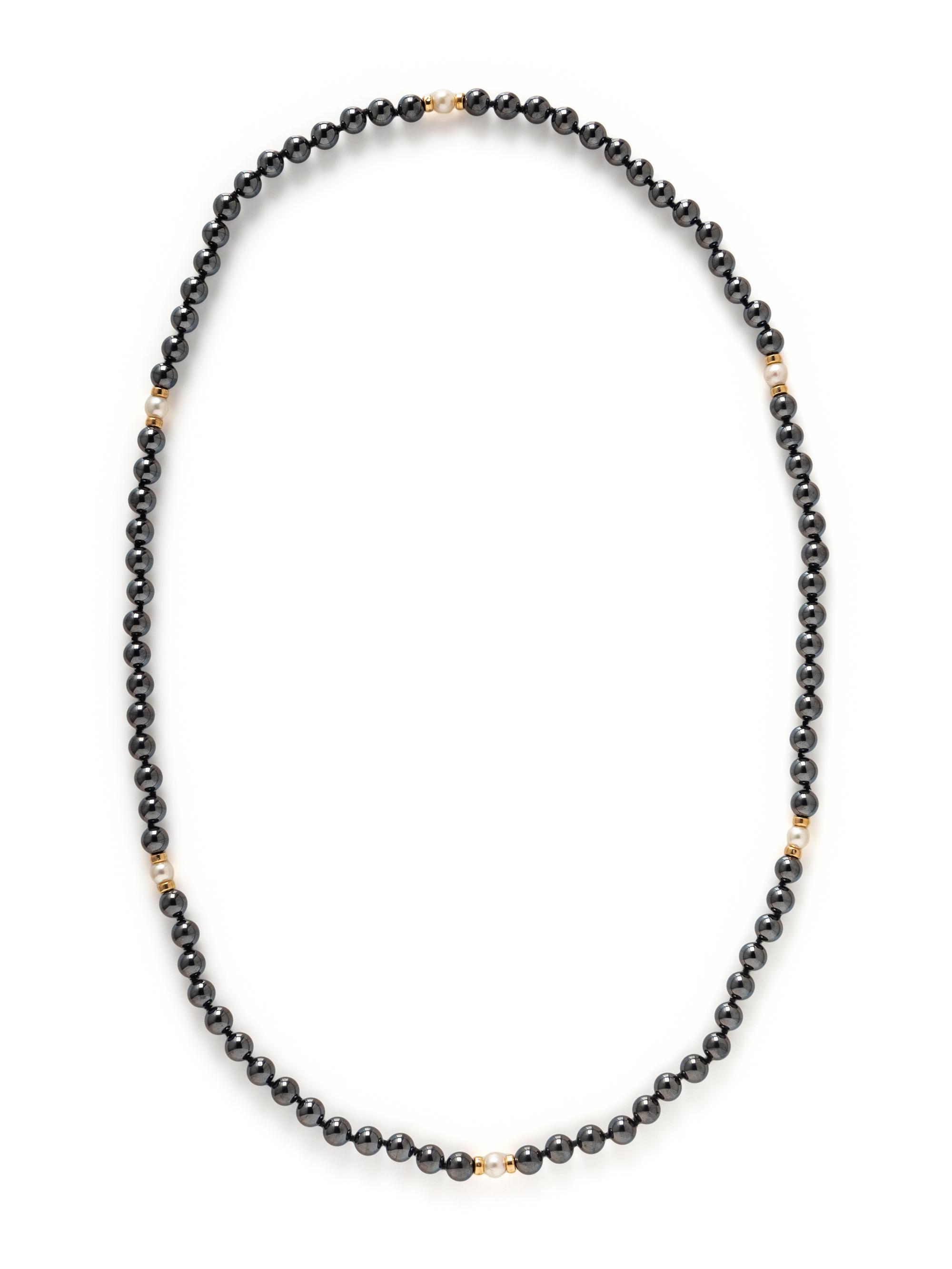 YELLOW GOLD, CULTURED PEARL, HEMATITE, AND LAPIS LAZULI BEAD NECKLACES