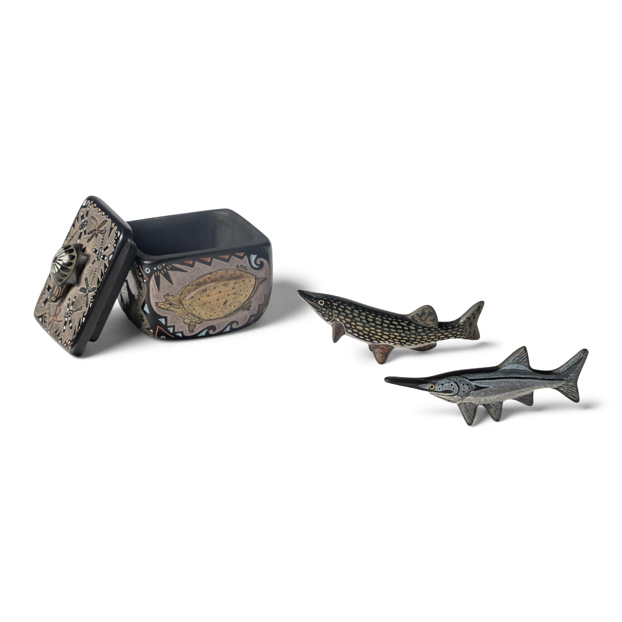Jennifer Moquino (Santa Clara, b. 1977) — Sgraffito Pottery Box, Salmon, and Sturgeon