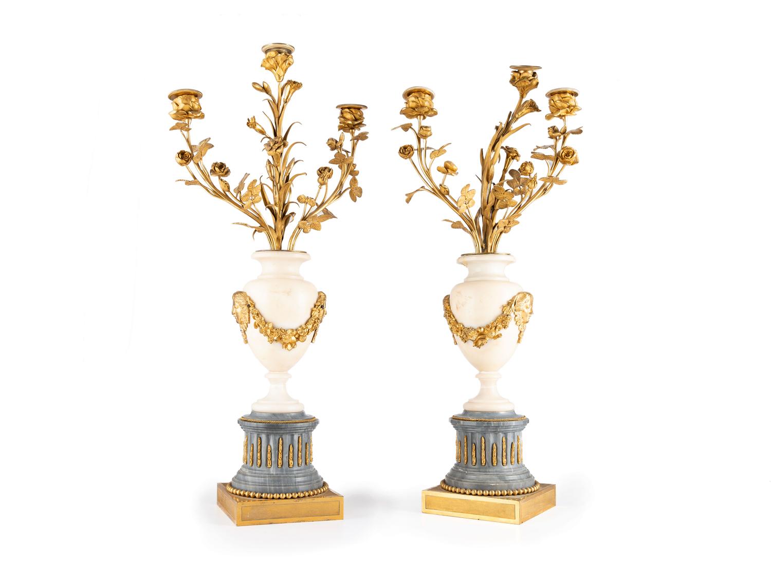 A Pair of French Gilt Bronze and Marble Candelabra