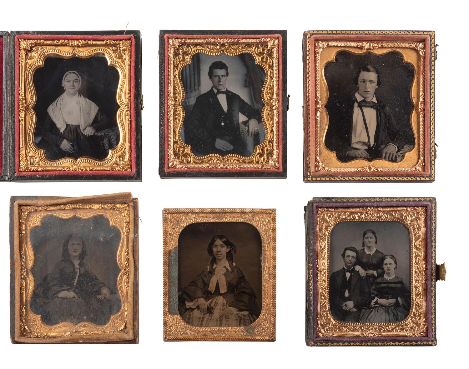 [EARLY PHOTOGRAPHY]. 38 sixth plate ambrotype and tintype portraits of men, women, and children.