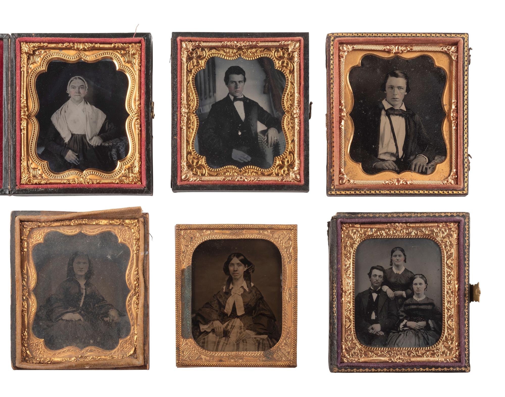[EARLY PHOTOGRAPHY]. 38 sixth plate ambrotype and tintype portraits of men, women, and children.