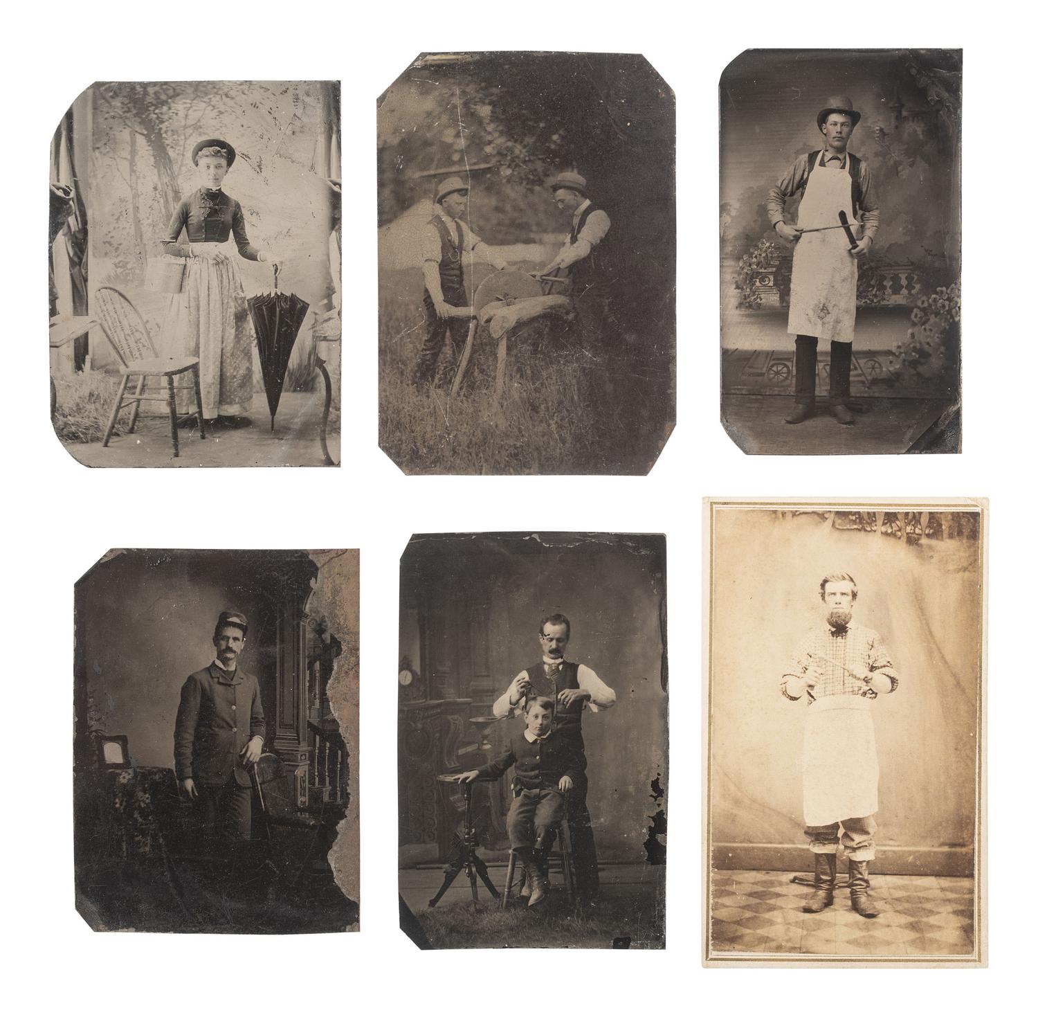 [EARLY PHOTOGRAPHY]. 9 occupational photos, incl. carpenters, butchers, housekeepers, & a barber.