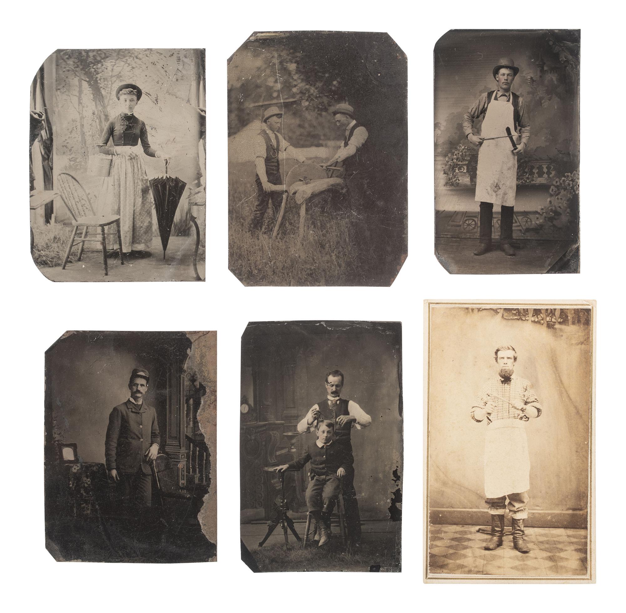 [EARLY PHOTOGRAPHY]. 9 occupational photos, incl. carpenters, butchers, housekeepers, & a barber.