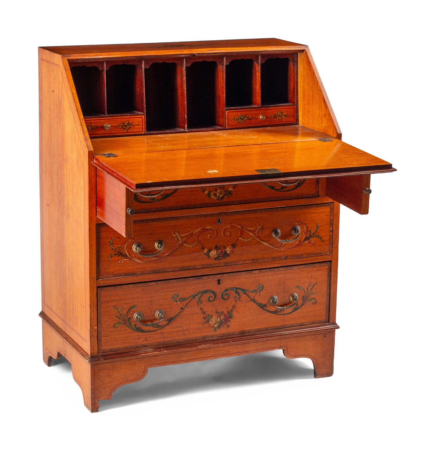 An Edwardian Paint Decorated Satinwood Slant-Front Bureau